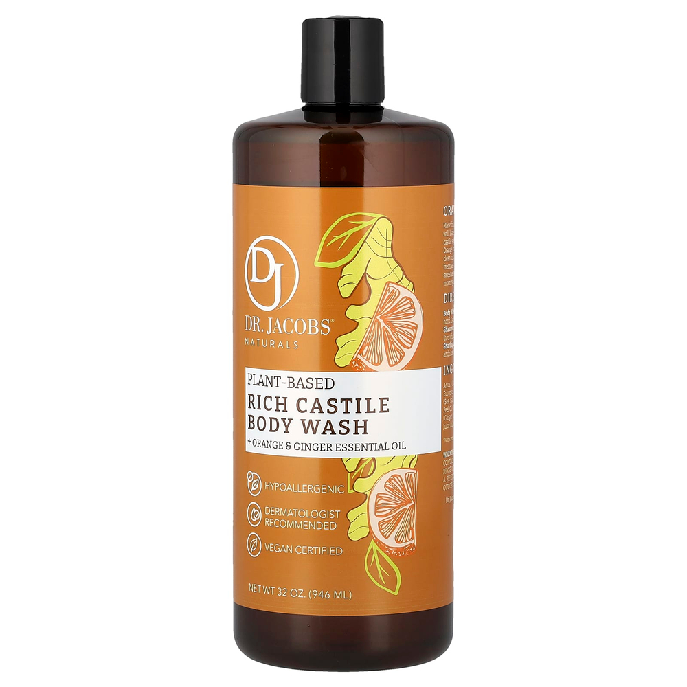 Dr. Jacobs Naturals, кастильский гель для душа на растительной основе, эфирное масло апельсина и имбиря, 946 мл (32 унции)