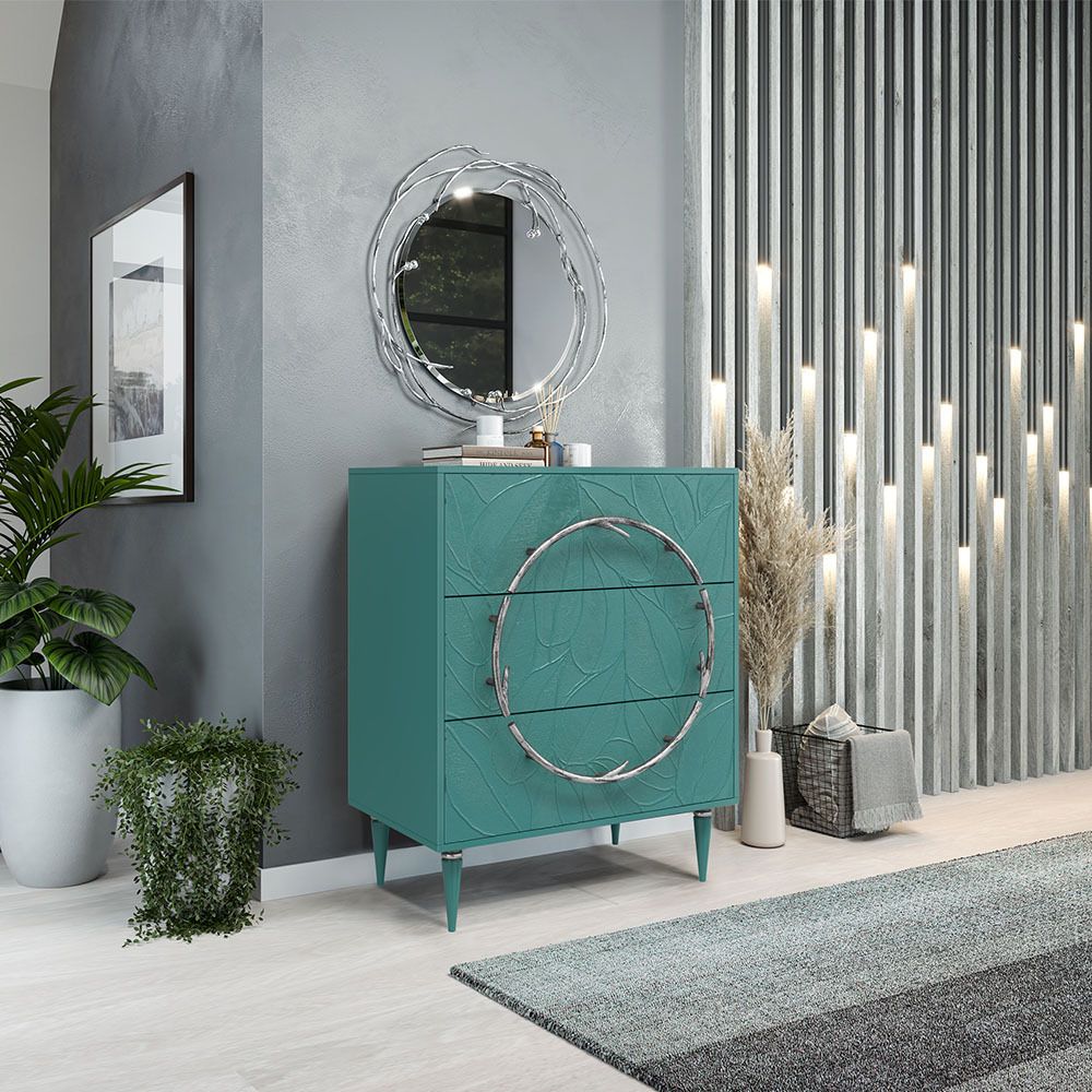 Комод Арт Колор leaves Классик Сильвер с 3 ящиками Пастельно-синий