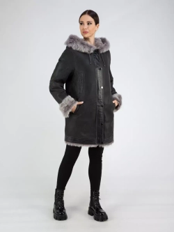 Дубленка зимняя с капюшоном натуральная оверсайз