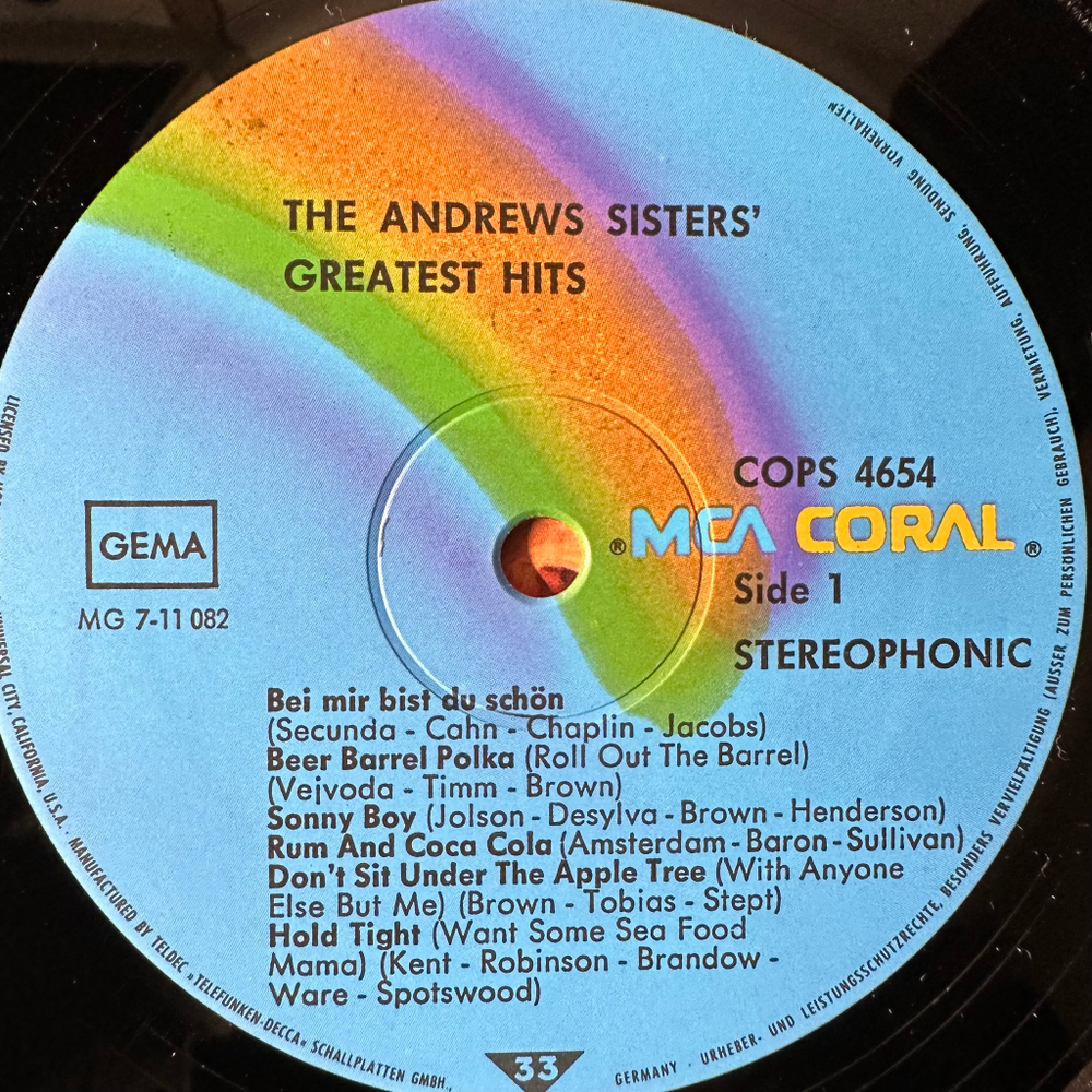 The Andrews Sisters ‎– Greatest Hits (Германия 1974г.)