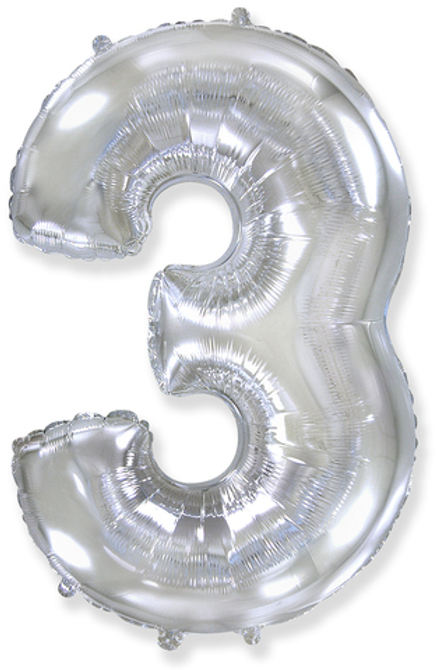 Воздушный шар (40''/102 см) Цифра, 3, Серебро