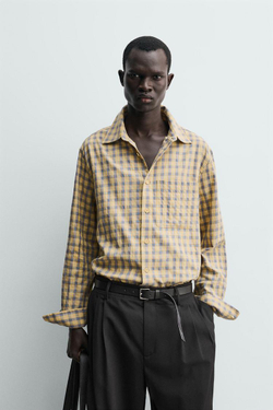 ZARA РУБАШКА RELAXED FIT В КЛЕТКУ, ЦВЕТ СЛИВОЧНОГО МАСЛА