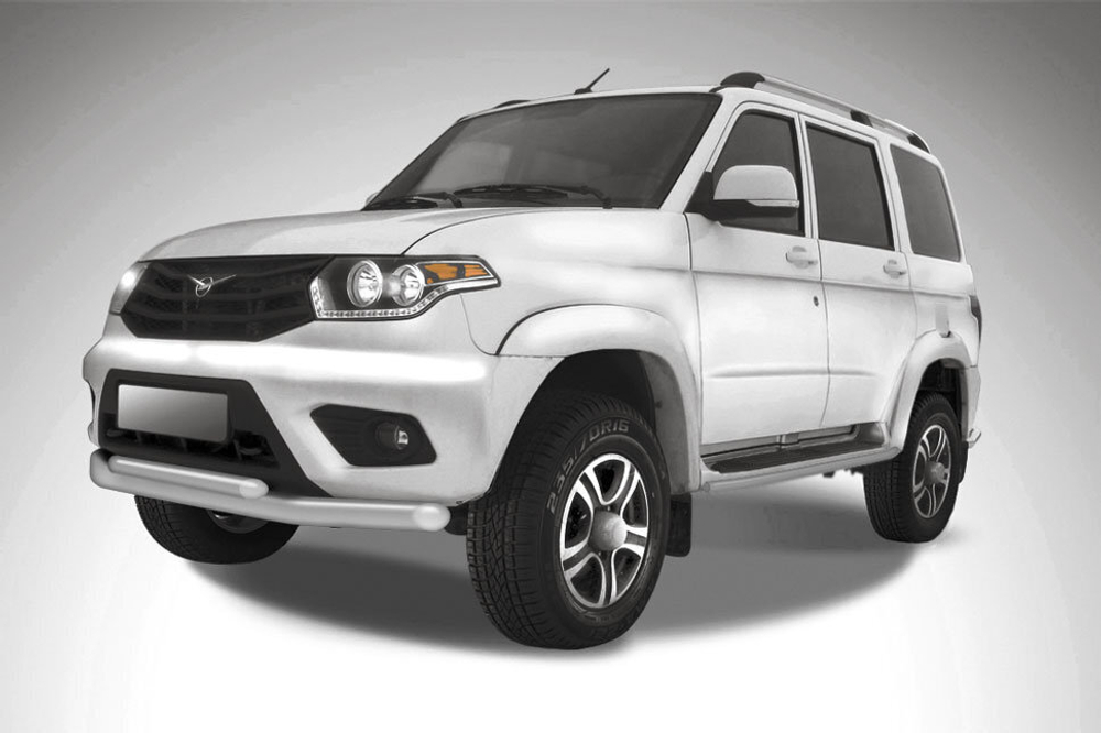 Защита переднего бампера UAZ Patriot (2014-2023) d76+d57 серебристая