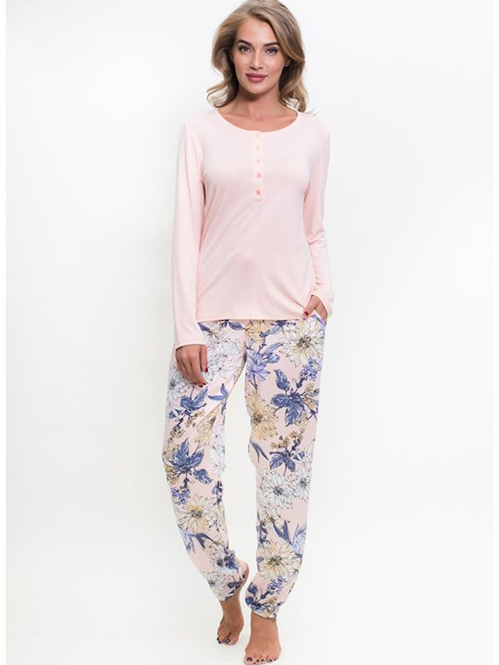 Оригинальный комплект с брюками с цветочным принтом (Размер: S) (Цвет: персиковый)