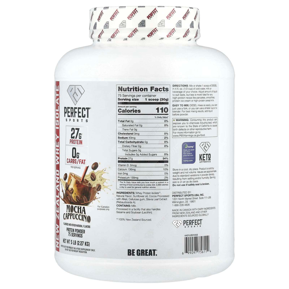 PERFECT Sports, Diet, новозеландский сывороточный изолят, со вкусом мокко латте и капучино, 2,27 кг (5 фунтов)