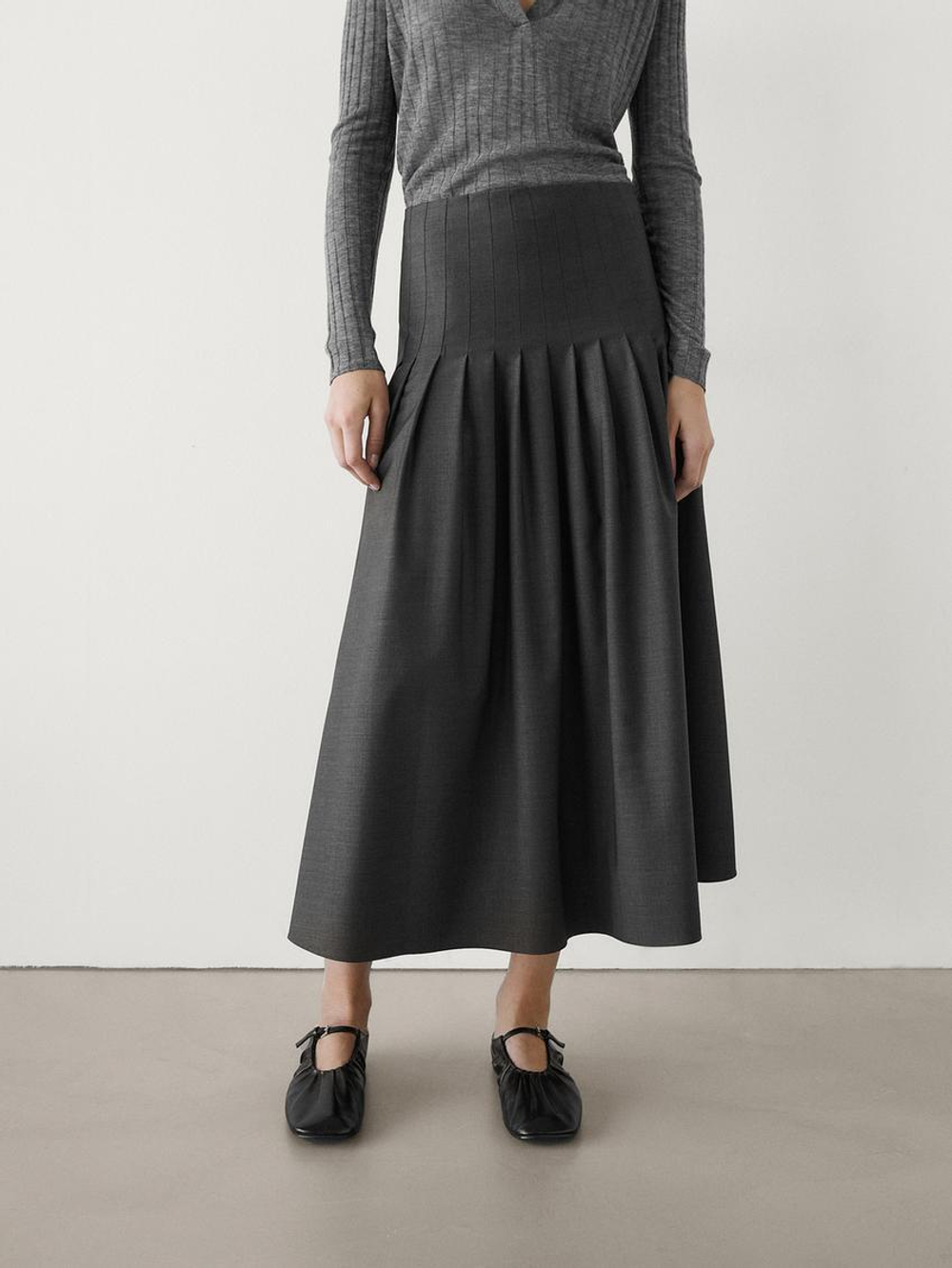 Massimo Dutti Юбка миди из смесовой шерсти с плиссировкой, серый