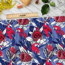 Ткань шифон красные попугаи в цветах