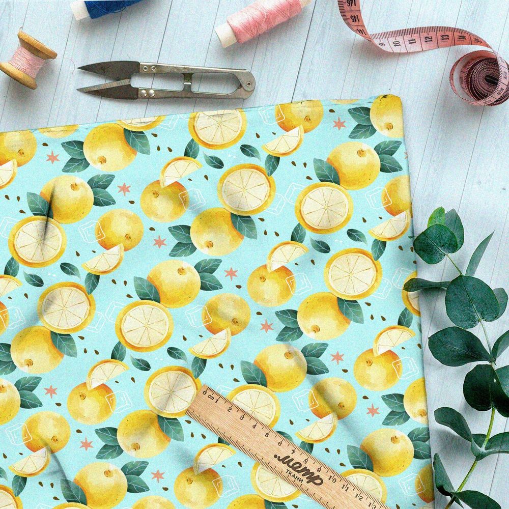 Ткань мембрана мягкие лимоны на голубом фоне
