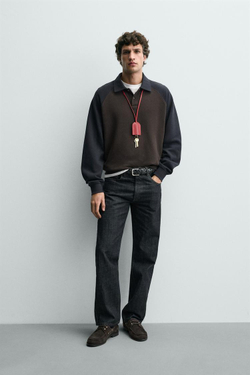 ZARA ПОЛО В СТИЛЕ КОЛОР-БЛОК С РУКАВАМИ РЕГЛАН, КОРИЧНЕВО-СИНИЙ