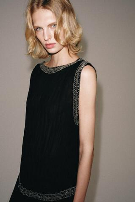 ZARA ЖАККАРДОВЫЙ ТОП С БИСЕРОМ — ZW COLLECTION, ЧЕРНЫЙ