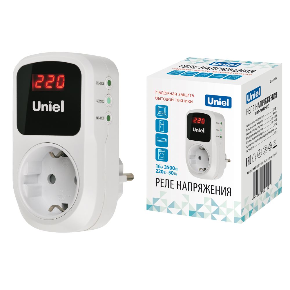 UBR-E35 WHITE Реле напряжения однофазное. 16А. 3500Вт. с заземлением. Белый. TM Uniel