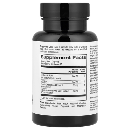 California Gold Nutrition, комплекс гиалуроновой кислоты с L-пролином, экстрактом косточек французского винограда и коры французской приморской сосны, 60 растительных капсул