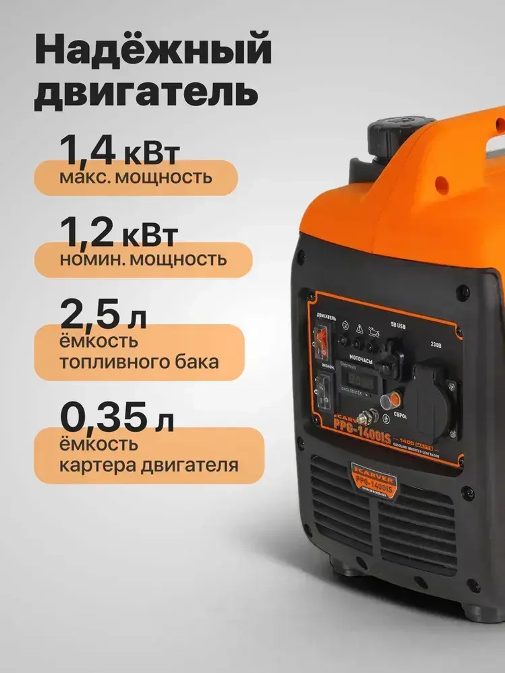 Генератор бензиновый инверторный CARVER PPG -1400IS (1.4 кВт, бак 2.5 л, ручной стартер, цифровой дисплей, порт USB 3.0, Type-C) / бензогенератор / резервный источник питания