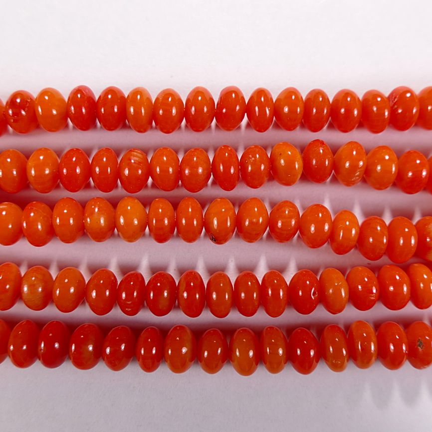 Нить бусин из коралла оранжевого, облагороженного, фигурные, 4x6 мм (рондель, гладкая)