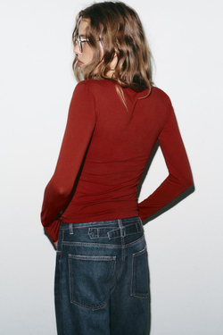 ZARA ФУТБОЛКА С ДЛИННЫМИ РУКАВАМИ, ТЕМНО-РОЗОВЫЙ