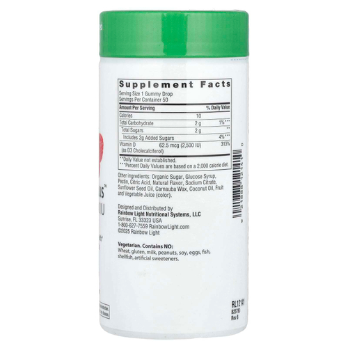 Rainbow Light, Berry D-Licious ™, витамин D3, сочная малина, 62,5 мкг (2500 МЕ), 50 жевательных таблеток