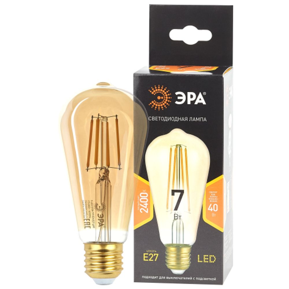 Лампа светодиодная ЭРА F-LED ST64-7W-824-E27 gold 7Вт филамент золотистый теплый белый свет Е27 | Филаментные декоративные