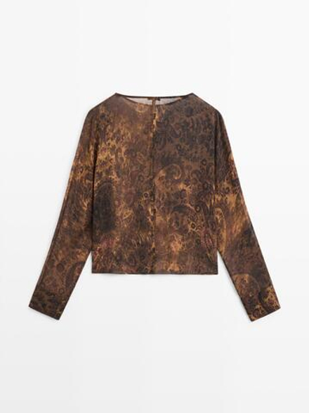 Massimo Dutti Блузка с драпировкой и узором, зеленый