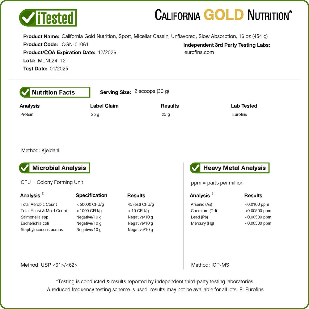 California Gold Nutrition, Sport, мицеллярный казеин, без добавок, медленное усвоение, 454 г (16 унций)