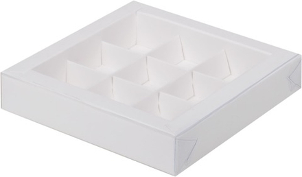 Коробка для конфет 9 шт с прозрачной крышкой белая, 15,5х15,5х3 см