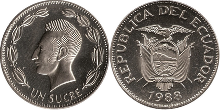 Эквадор 1 сукре, 1988 - 1990 Антонио Хосе де Сукре UNC