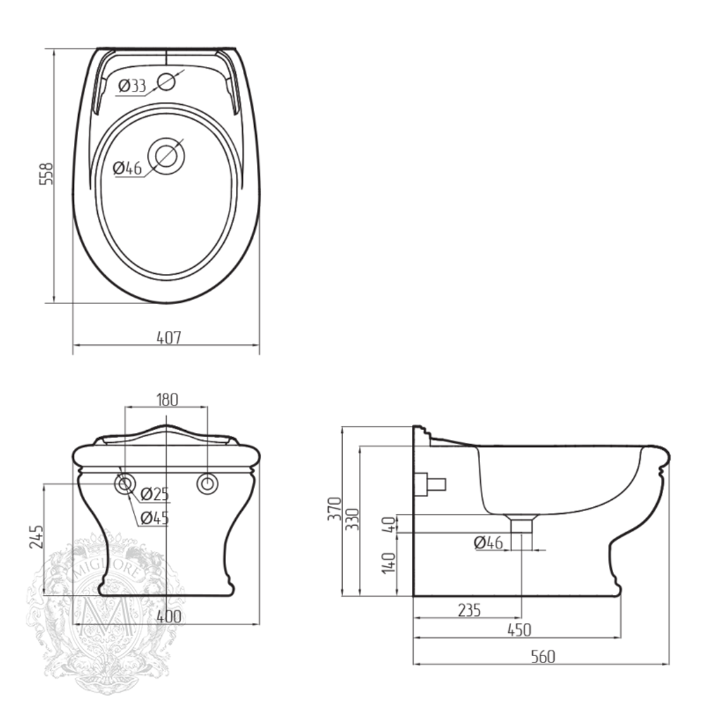 Биде подвесное Migliore Milady ML.MLD-25.730.D2, декор золото схема