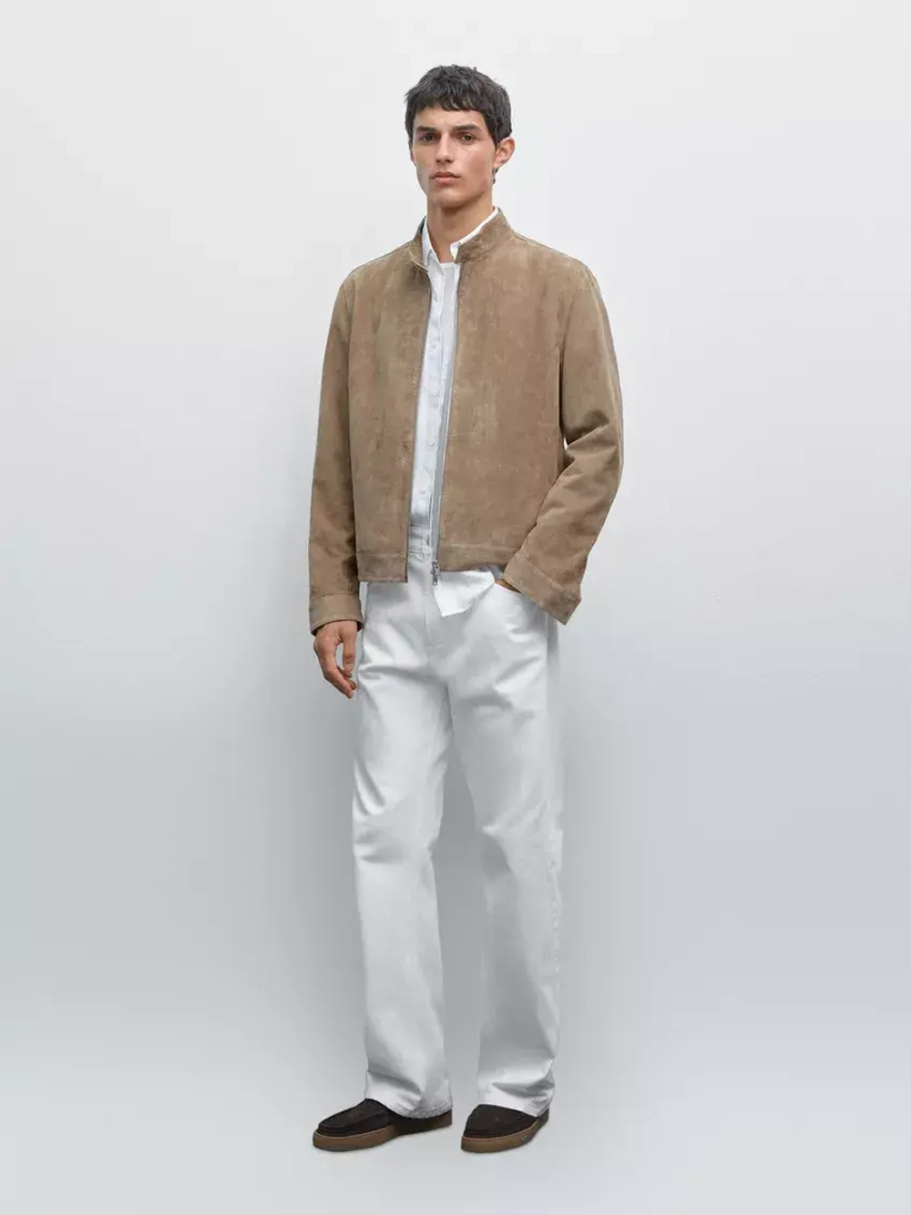 Massimo Dutti Короткая замшевая куртка из козьей кожи, бежевый