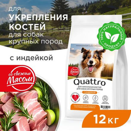 Корм сухой для взрослых собак крупных пород, премиум полнорационный комплекс, для укрепления костей у собак, с индейкой, 12 кг, QUATTRO