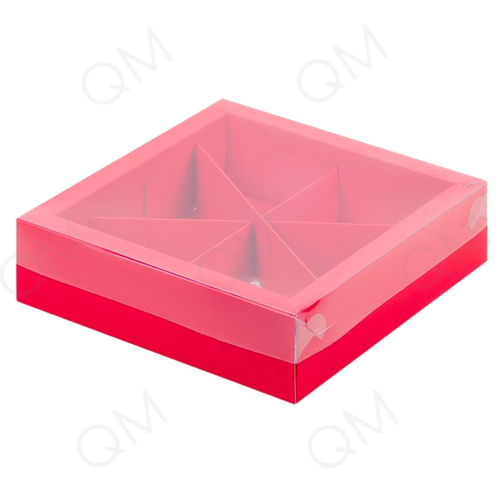 Коробка для ассорти сладостей с пластиковой крышкой на 4 или 6 ячеек 200х200х55 (красная матовая)