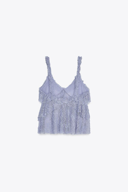 ZARA КРУЖЕВНОЙ ТОП С ВОЛАНАМИ, ВЫЦВЕТШИЙ СИНИЙ