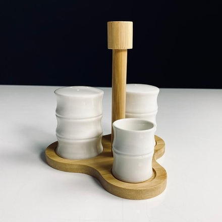 Lenardi 140-177 Набор для специй с подставкой для зубочисток на подставке BAMBOO в под.уп.(х36)Фарфор