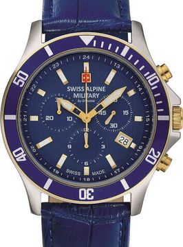 С ремешком Мужские наручные часы с синим кожаным ремешком Swiss Alpine Military 7022.9545 chronograph 42mm 10ATM