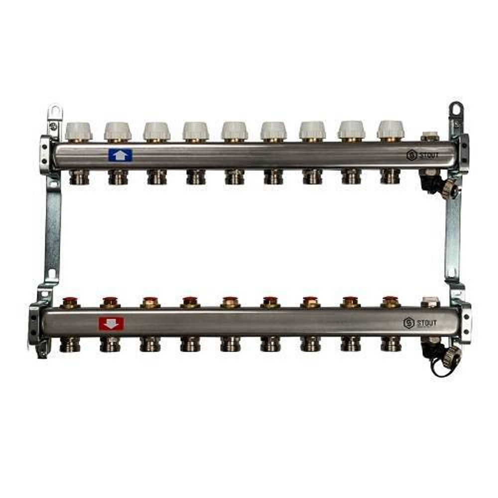 Коллекторная группа для радиаторного отопления STOUT SMS0932 - 1" на 9 контуров 3/4"EK (нерж.сталь)