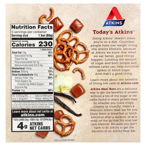Atkins, протеиновый батончик, крендель с ванилью и карамелью, 5 шт. по 60 г (2,12 унции)