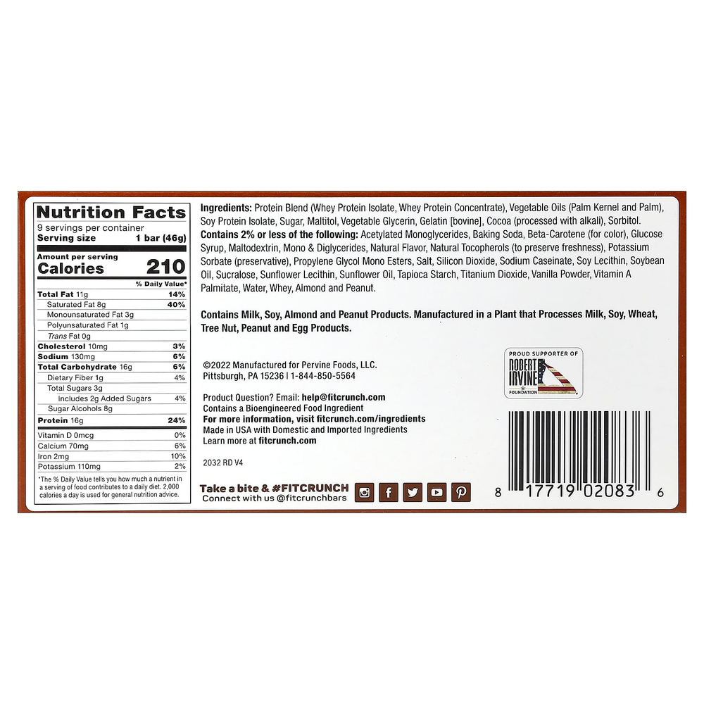 FITCRUNCH, Запеченный батончик с высоким содержанием протеина, тесто для шоколадного печенья, 9 батончиков, 46 г (1,62 унции)
