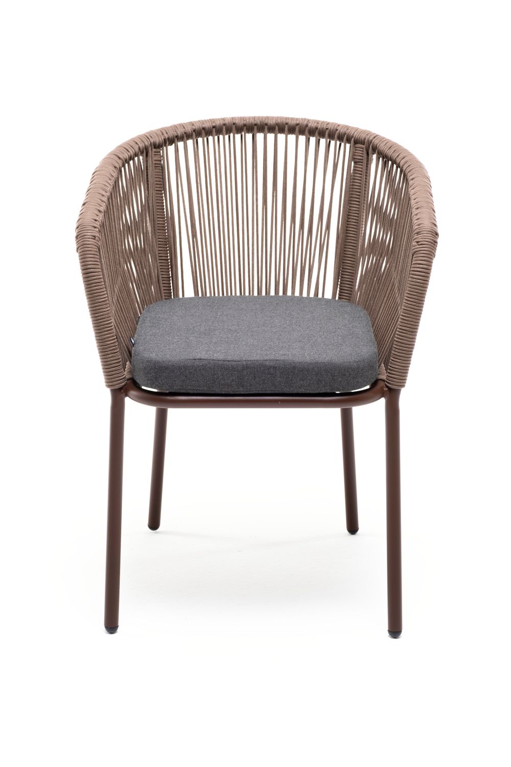 "Марсель" стул плетеный из роупа, каркас алюминий коричневый (RAL8016) муар, роуп коричневый круглый, ткань темно-серая 027