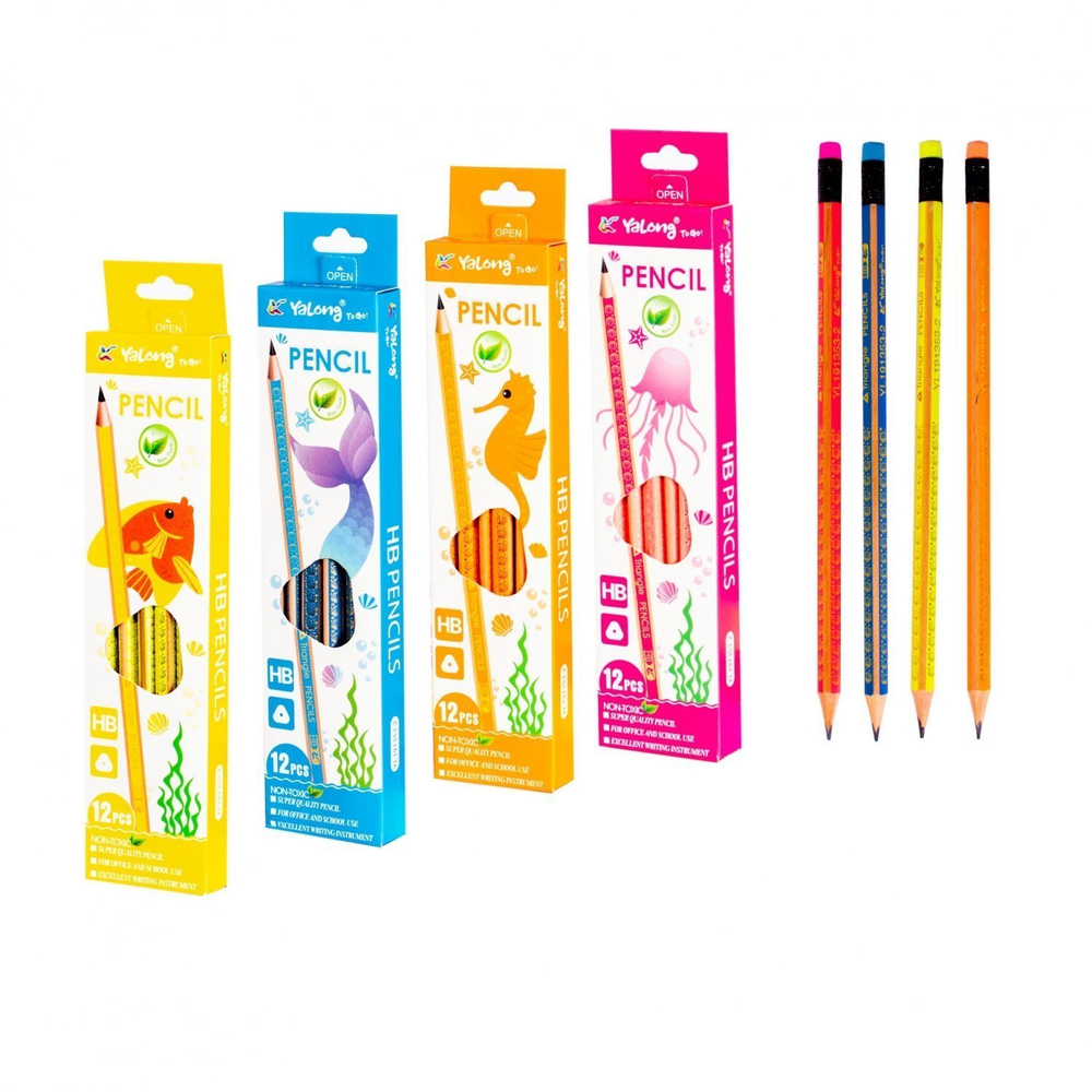 Набор ч/г карандашей, Yalong HB, "Океан", дерево, с ластиком, трехгранный, заточенный, неоновый корпус, микс, 12 шт/уп, европодвес