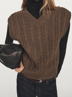 Massimo Dutti Трикотажный жилет из смесовой шерсти с V-образным вырезом, коричневый