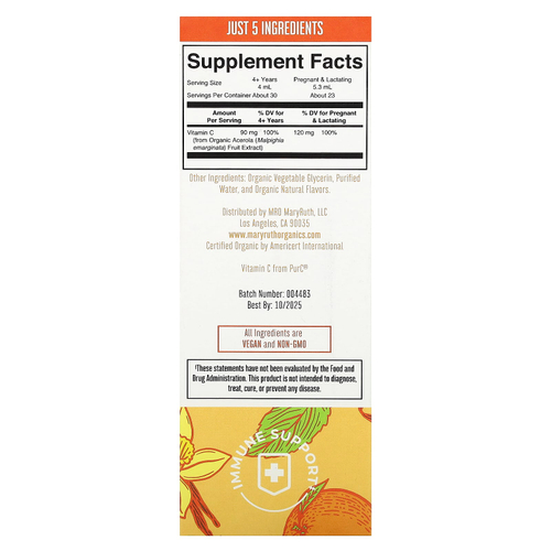 MaryRuth's, Органический витамин C в жидких каплях, апельсин и ваниль, 120 мл (4 жидк. унц.)