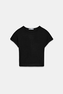 ZARA УКОРОЧЕННАЯ ФУТБОЛКА С КОРОТКИМИ РУКАВАМИ, ЧЕРНЫЙ