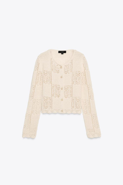 ZARA АЖУРНЫЙ ТРИКОТАЖНЫЙ КАРДИГАН, ЭКРЮ