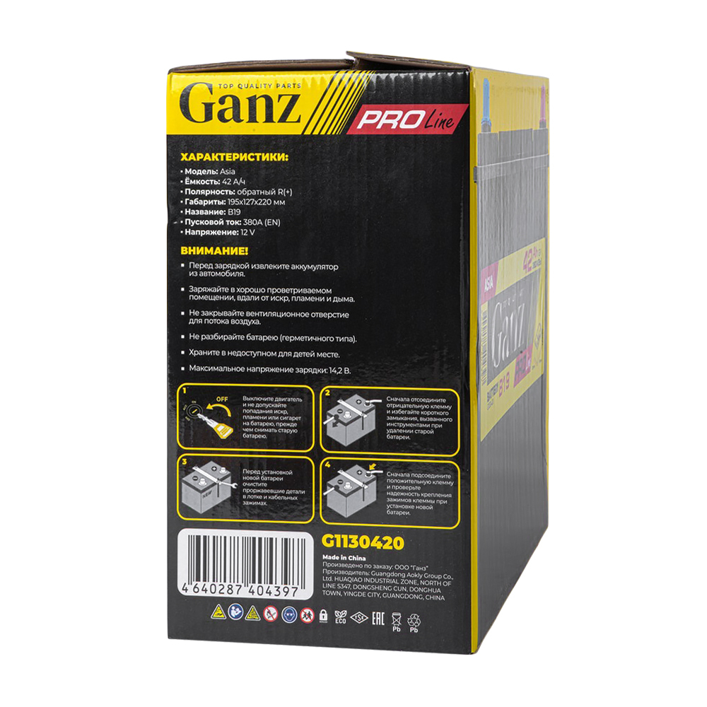 Аккумулятор GANZ PRO-Line JIS 42 А/ч обратный R+ 195x127x220 B19 EN 380 А