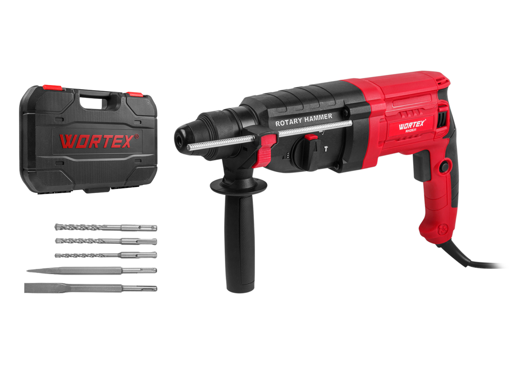 Перфоратор WORTEX RH 2831 в чем. + (2 зубила, 3 сверла) 850 Вт, 3.0 Дж, 3 реж., SDS-plus, Vario-Lock