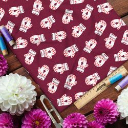 Ткань таффета белые варежки на бордовом фоне