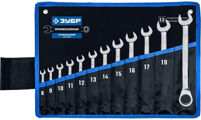 ЗУБР 12 шт, 8 - 22 мм, набор комбинированных трещоточных гаечных ключей, Профессионал (27075-H12)