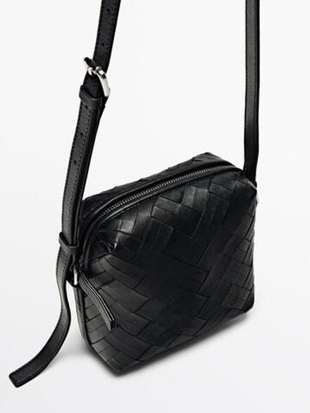 Massimo Dutti Плетеная сумка-мешок из кожи наппа, черный