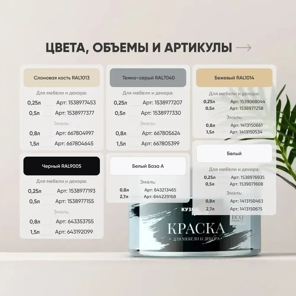 Краска для мебели и дерева без запаха Слоновая кость 0.8л