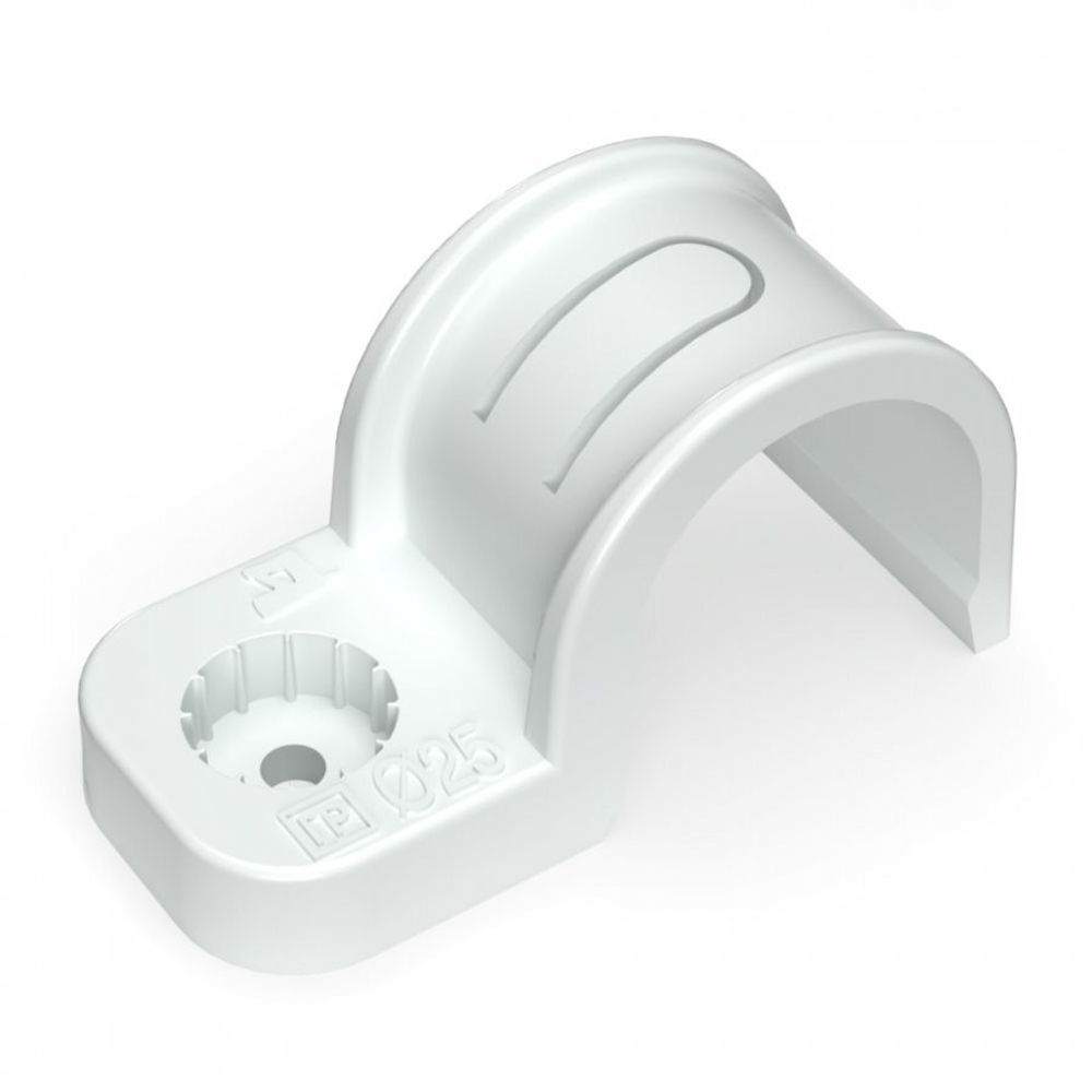 Крепеж-скоба пластиковая односторонняя для прямого монтажа белая в п/э д25 (50шт/уп) Промрукав