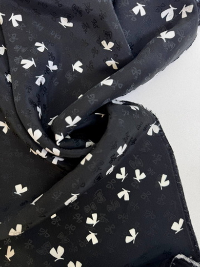 Плательная шелк принт бантик молочный на черном, жаккард бантик