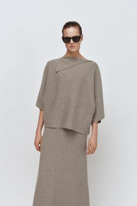 ZARA ТРИКОТАЖНАЯ ЮБКА МИДИ, ПЕСОЧНЫЙ МЕЛАНЖ